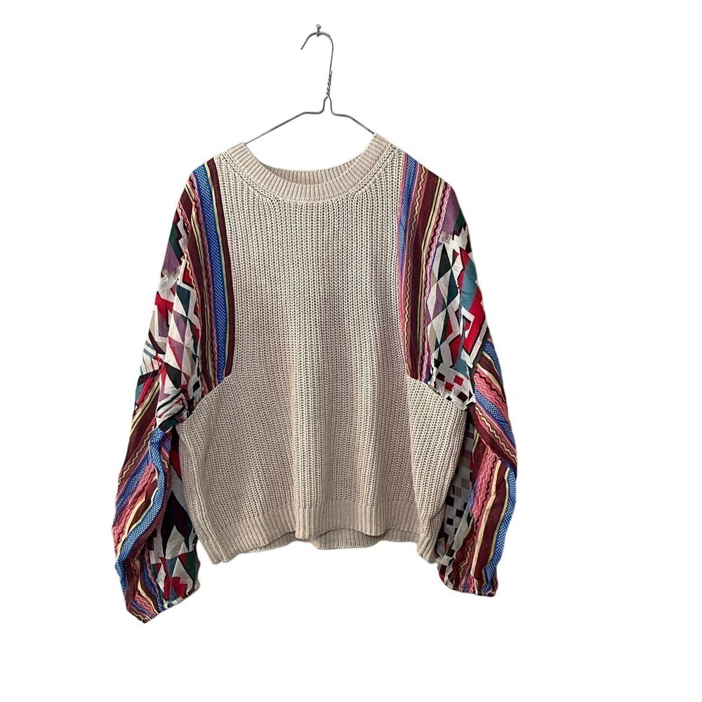 Fate Knitted Sweater Women's L Beige Pull Over Geometric Printed Ribbed Collar